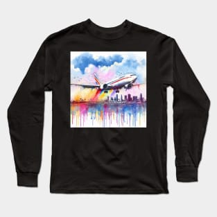 Fantasy illustration of a jet taking off from an airport Long Sleeve T-Shirt